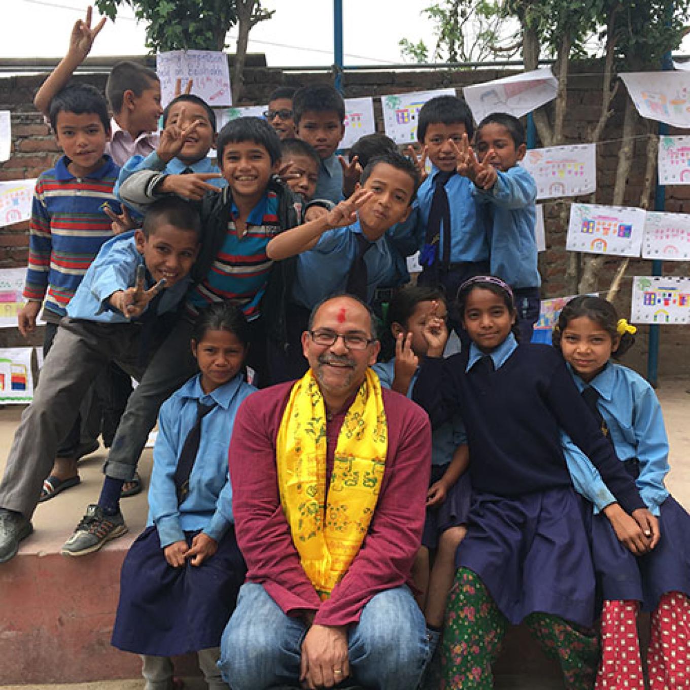 Bhaskar Upadhyay with children in Kathmandu, Nepal