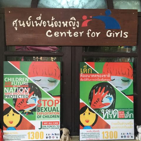 Posters in English and Thai outside the Center for Girls in Chiang Khong, Thailand